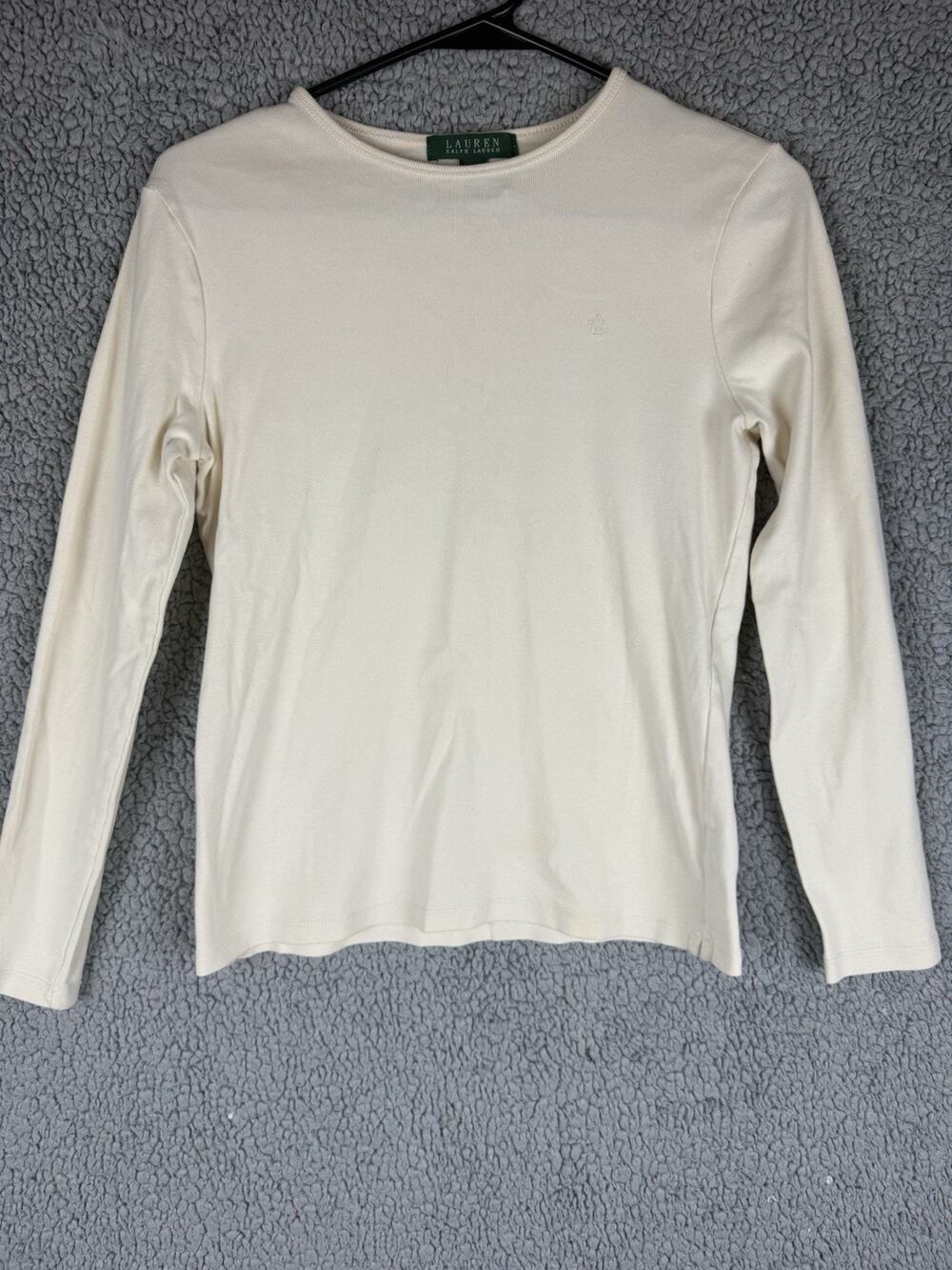 Ralph Lauren T-Shirt Womens Small Ivory Crew Neck Long Sleeve Embroidered